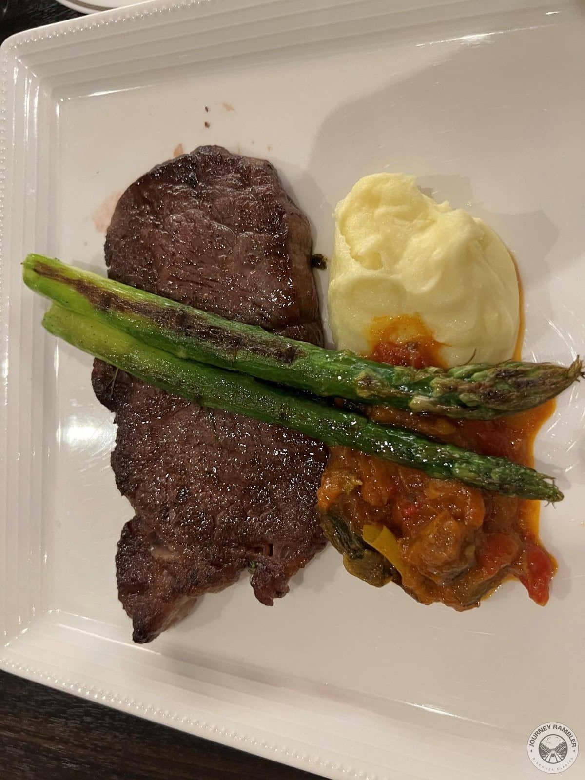 asparagus and mashed potatoes on Japanese wagyu
