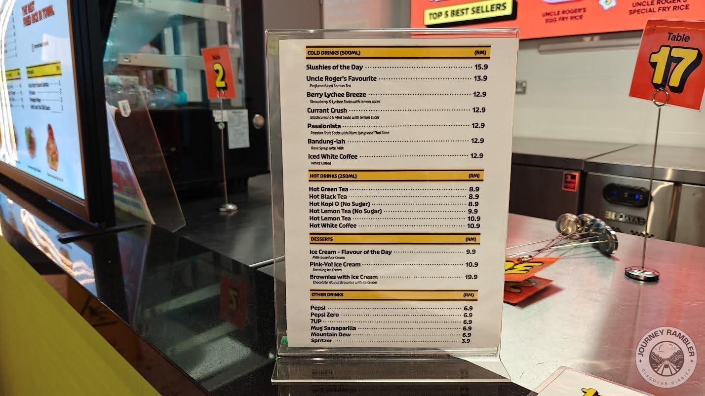 menu for drinks