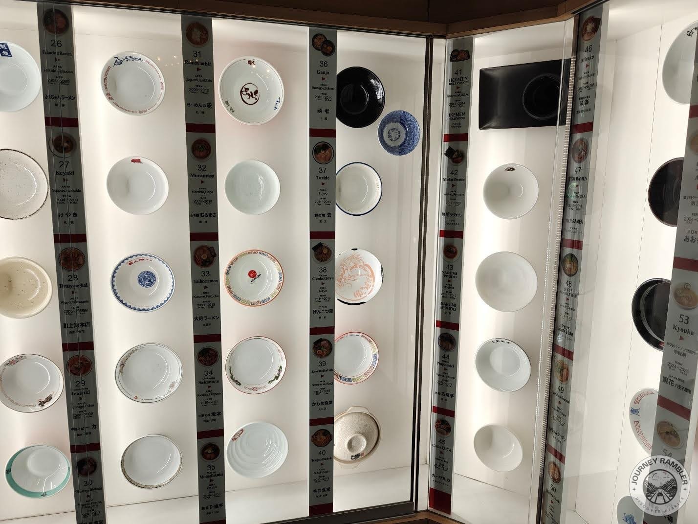 ramen bowls displayed on the wall