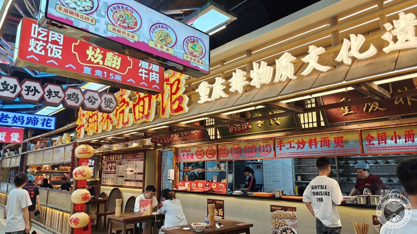 this stall offers noodle dishes that have the spicy and numbing flavor profile