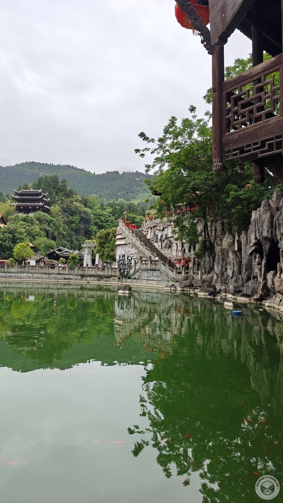 pond and the foundation that the Panhu Temple is standing on
