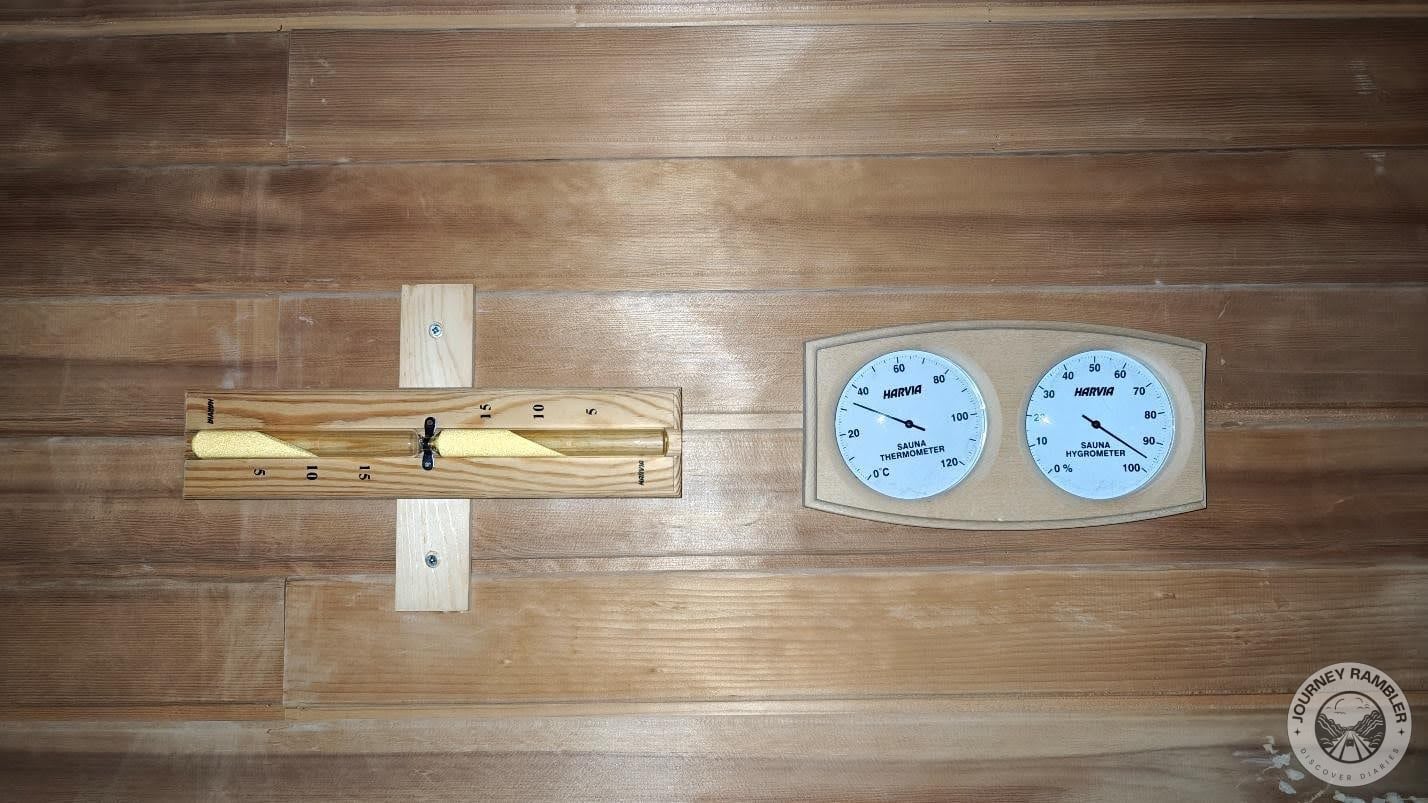 sauna hourglass, thermometer and hygrometer