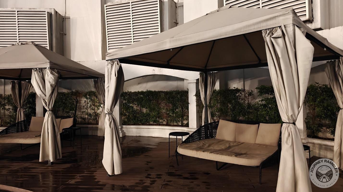 closer look at the gazebo and the outdoor daybed