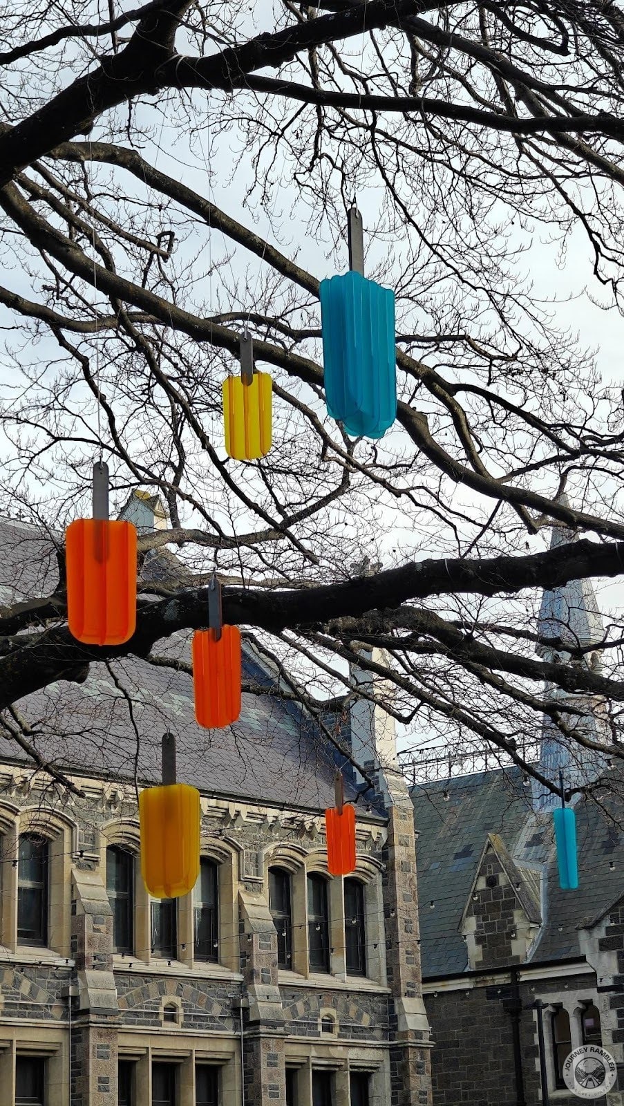colorful popsicles hanging upside down from one of the trees in the South Quad area