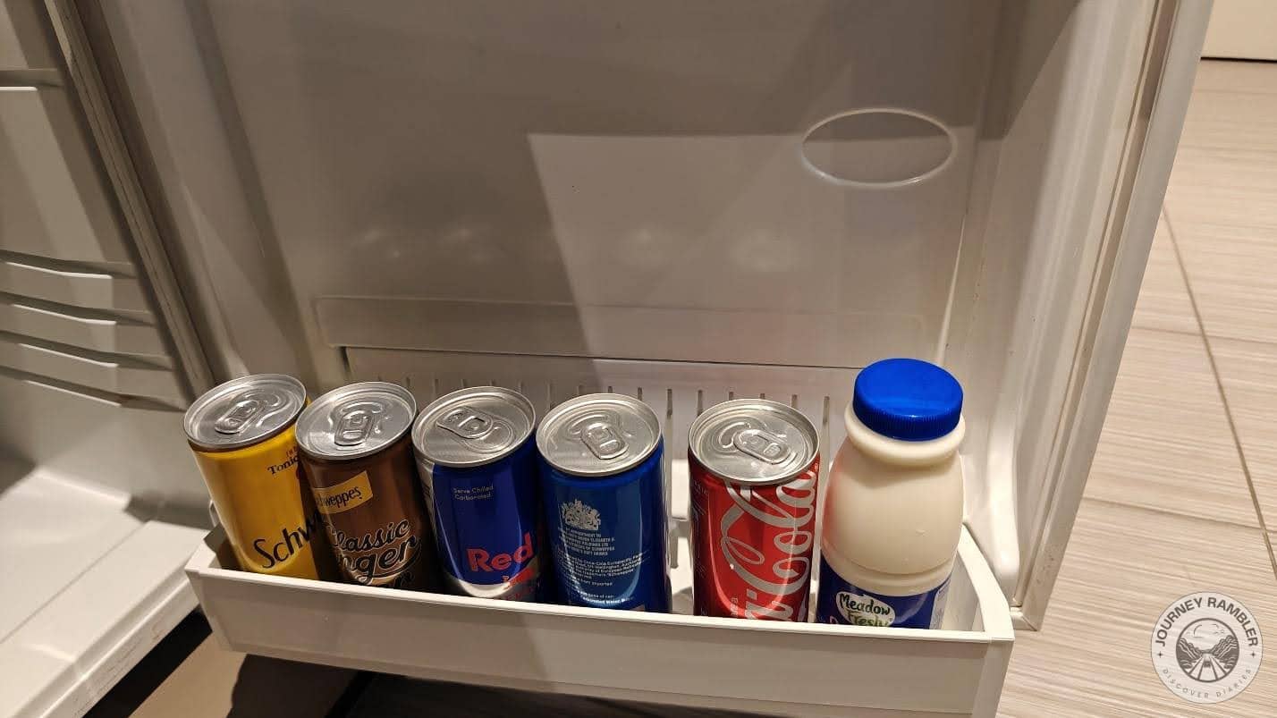 door of the fridge held rows of cans, from Coca Cola to Red Bull and tonic water