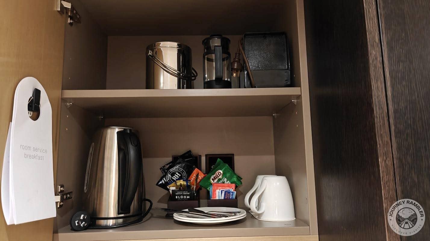 electric kettle and sachets of tea and coffee