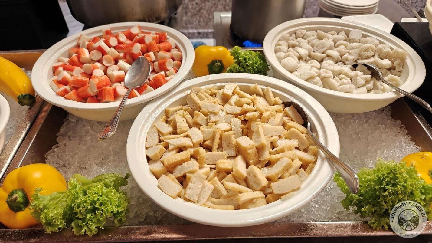 fried tofu, imitation crab meat, and fish balls