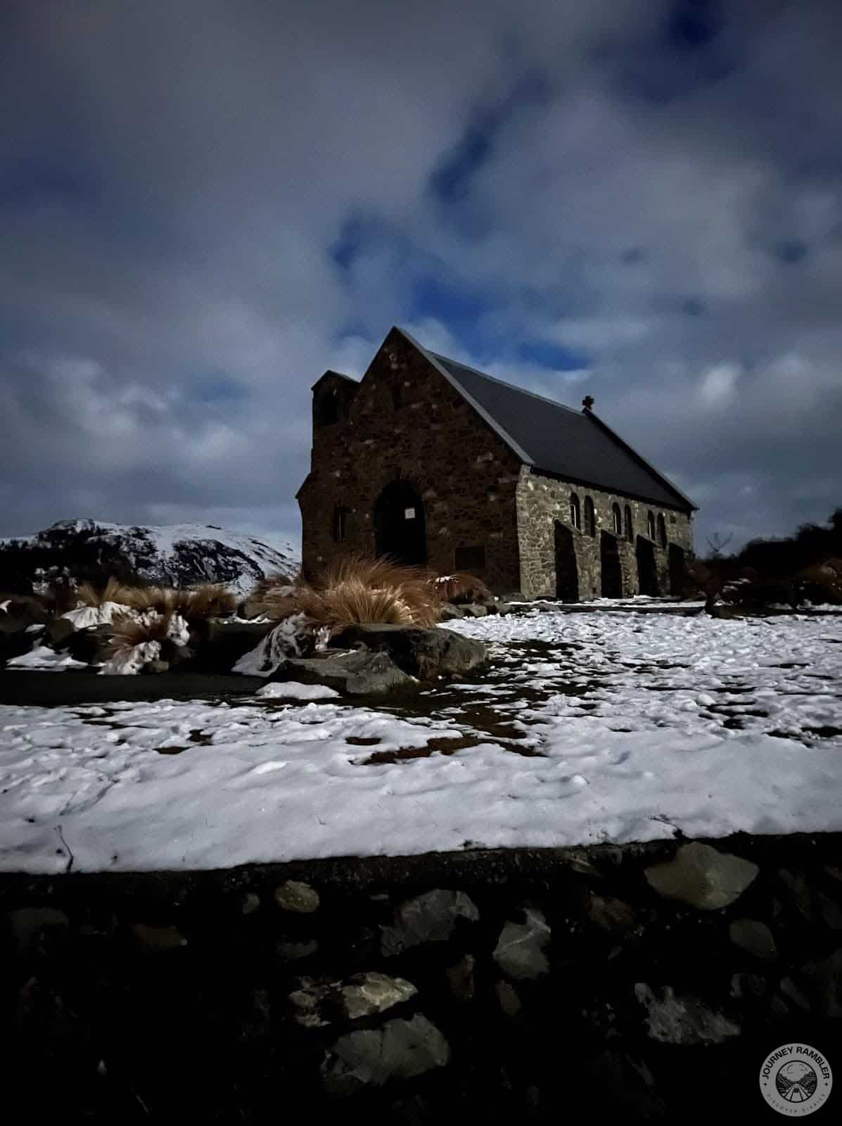 front of Church of the Good Shepherd at night