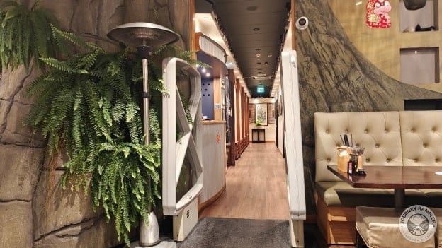 hallway leading further in was softly lit, with framed pictures and another plant