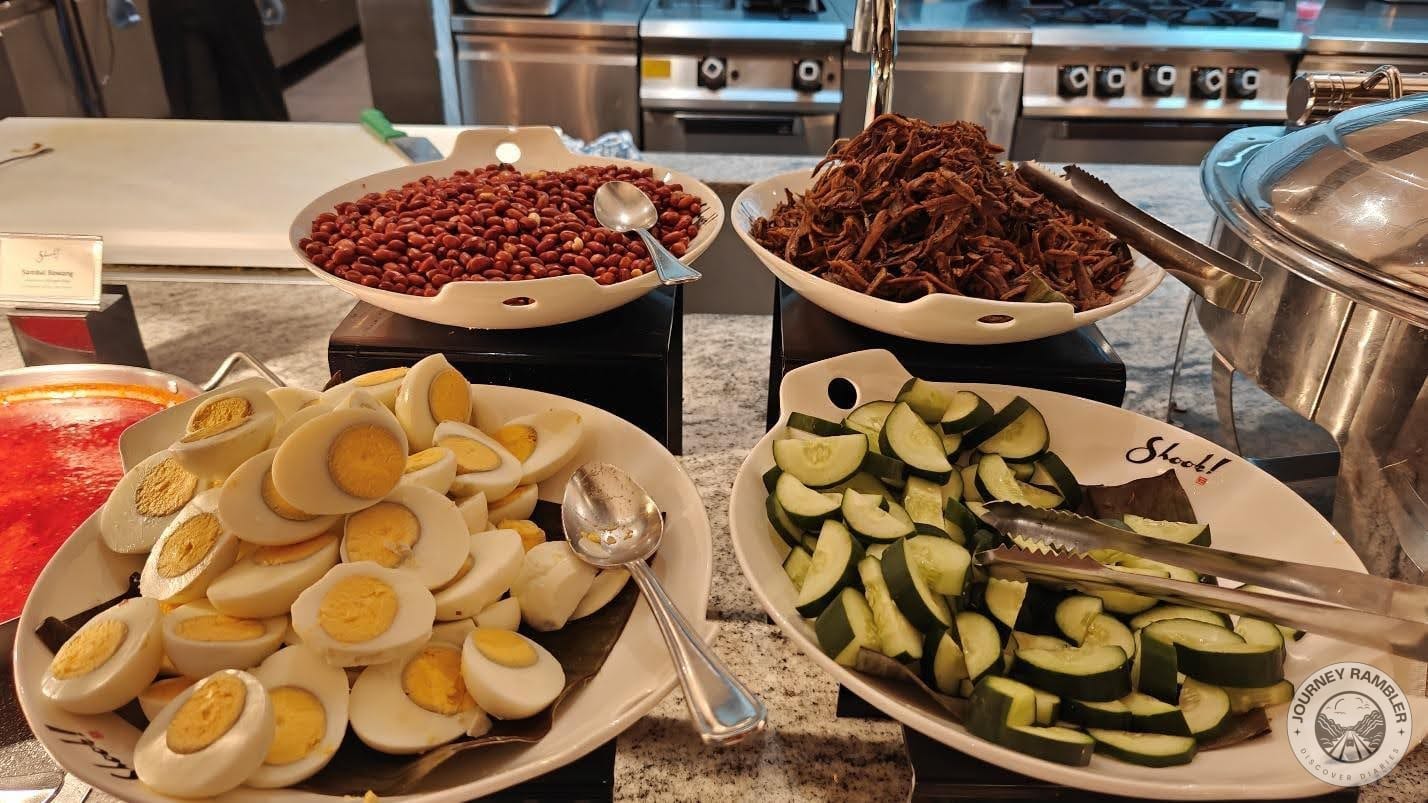 roasted peanuts, fried anchovies, boiled eggs and cucumbers
