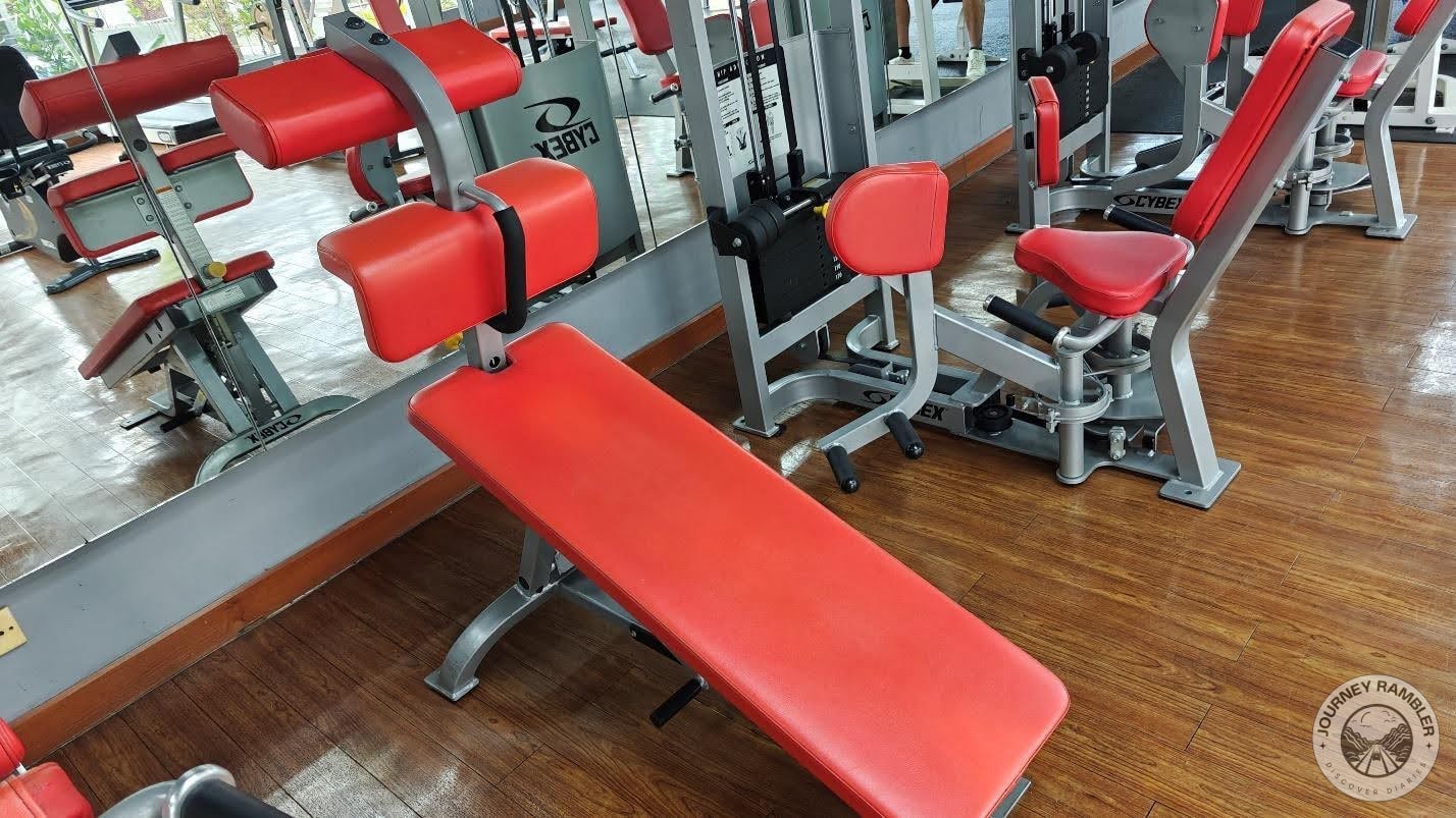 sit-up bench and to its right, hip adduction and hip abduction machines