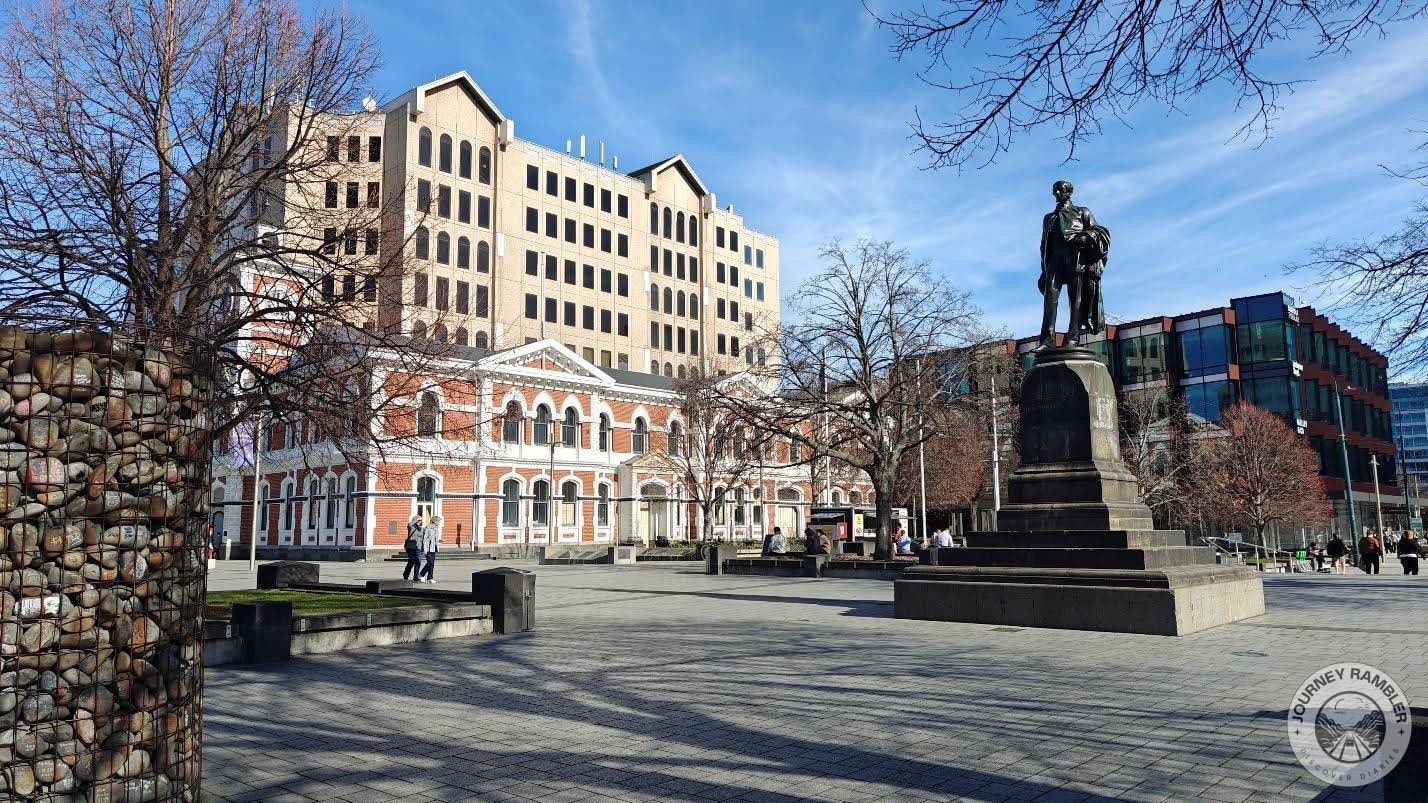 the Godley Statue and the cairn with the former Chief Post Office of Christchurch in the background