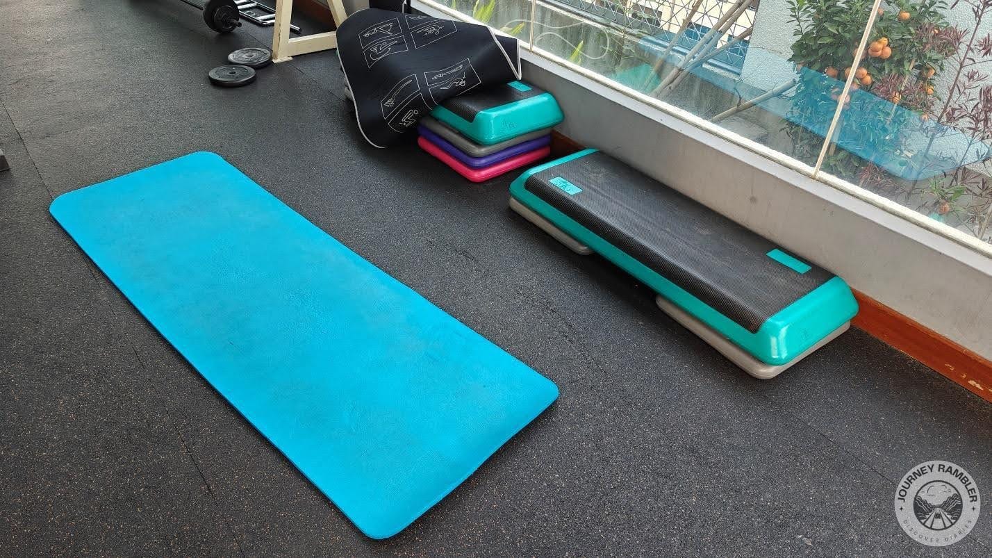 yoga mats here and aerobic step platforms