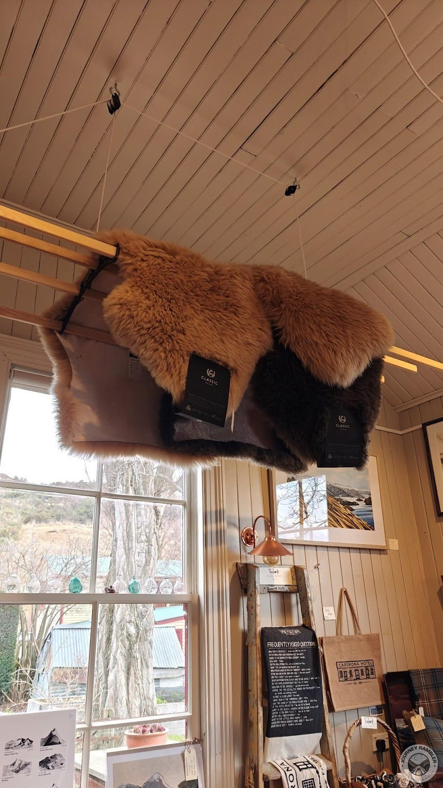 Fur carpets and rugs were hanging from the ceiling