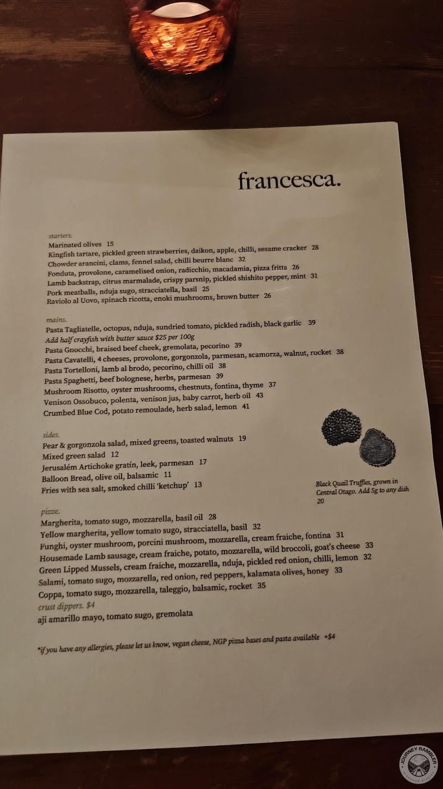 Menu of Francesca Wanaka