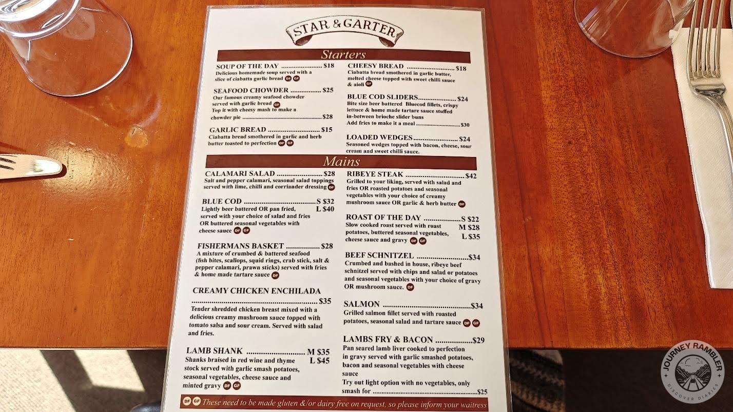 Menu of Star & Garter Restaurant