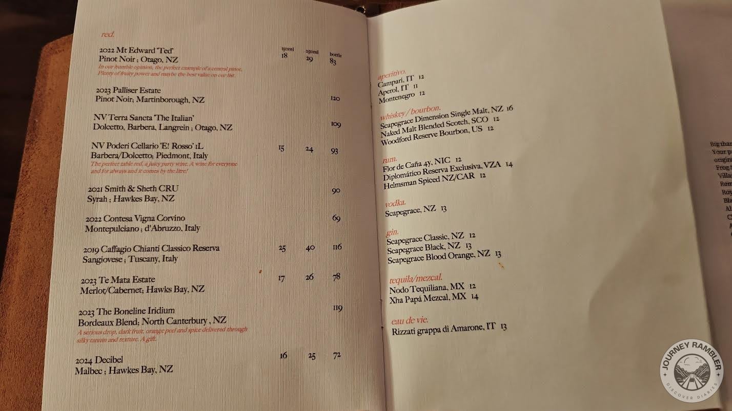 Other options were many kinds of red wine, whiskey, vodka, rum and gin