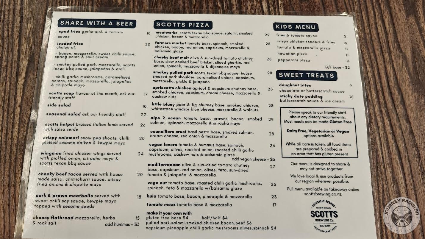Scotts Brewery Oamaru Menu