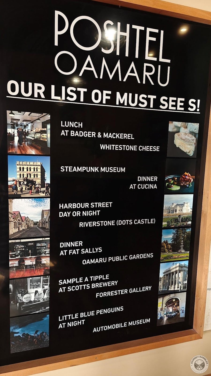 board in the lobby gave a list of tourist places around Oamaru