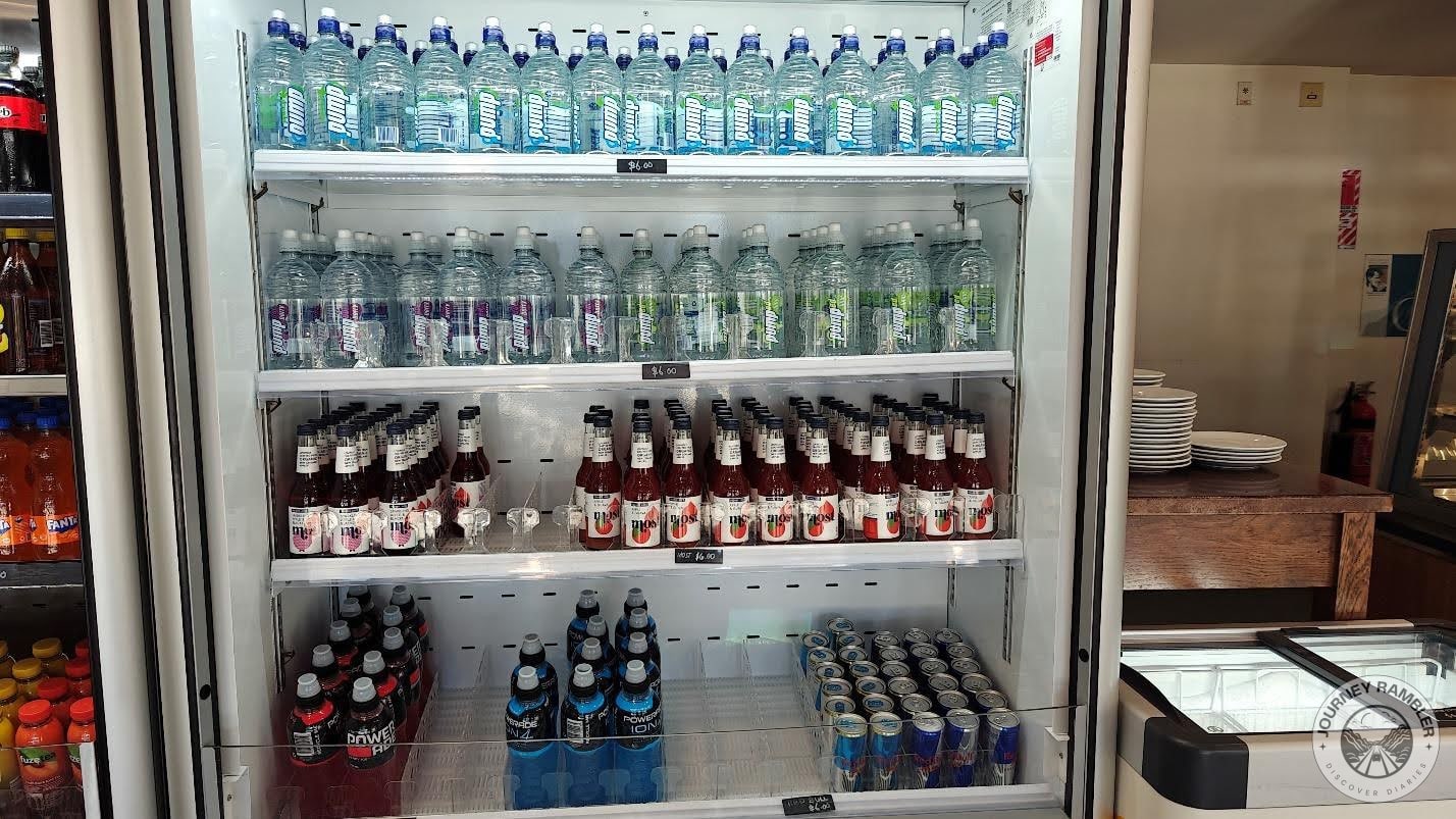 bottles of water and energy drinks like Red Bull