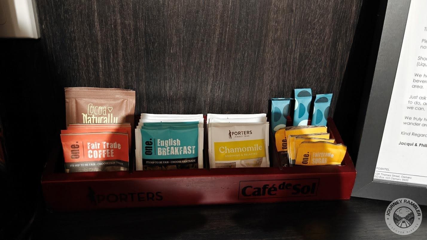 coffee, hot chocolate, English breakfast tea and chamomile tea