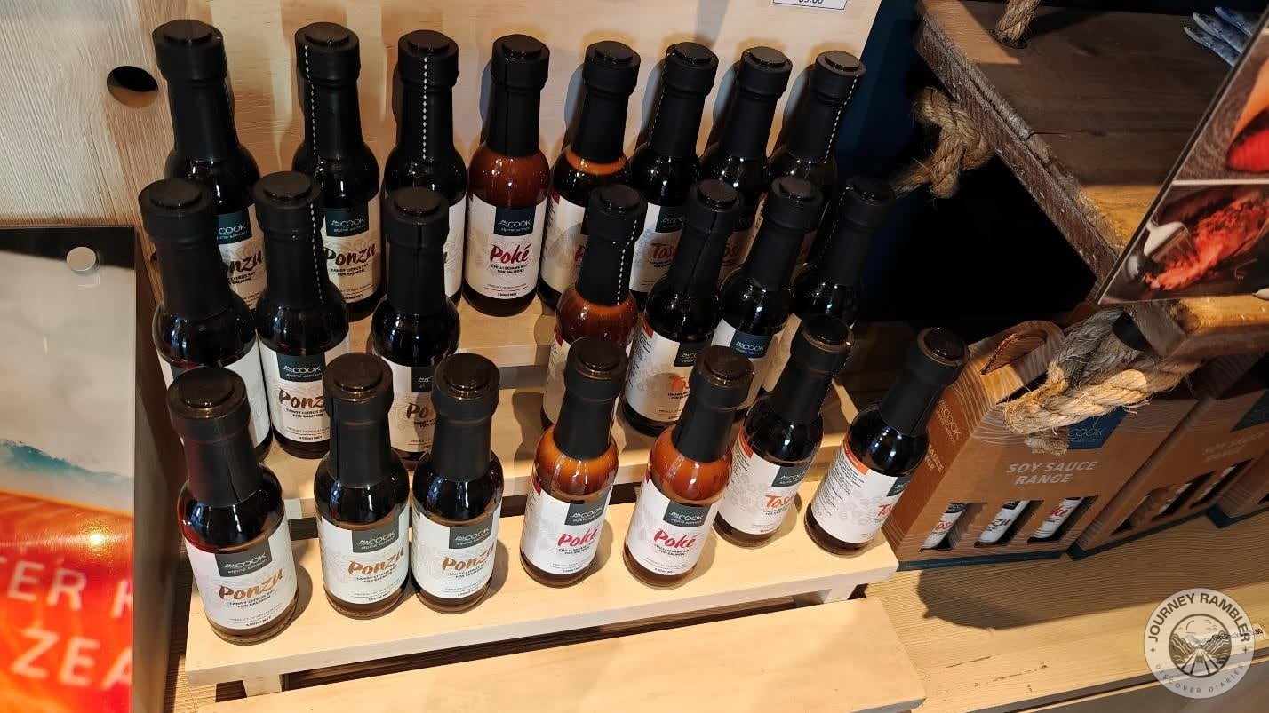 different bottles of soy sauce, like Ponzu, Poke and Tosa
