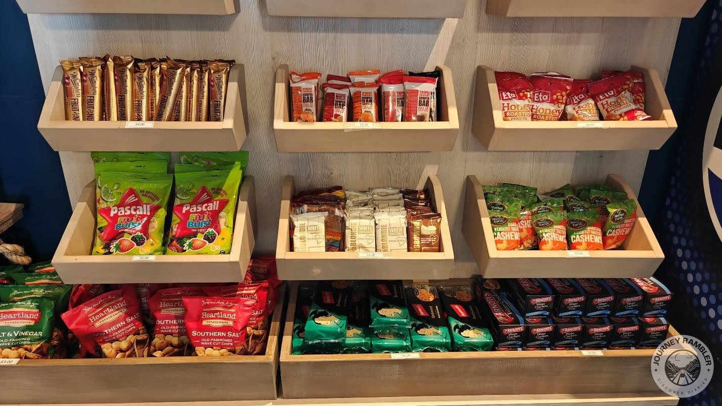 energy bars, candy and chips