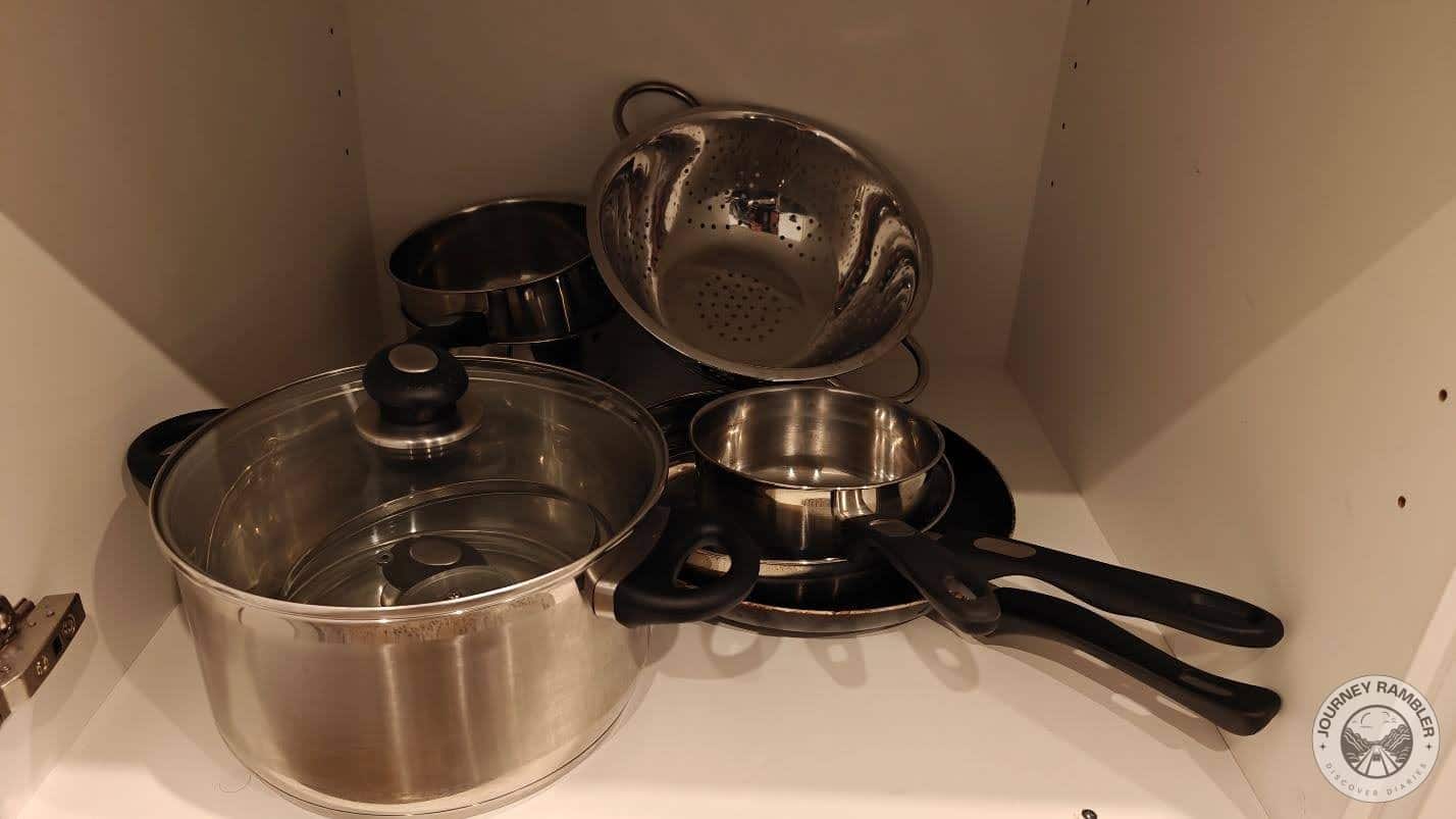 frying pans and large pots