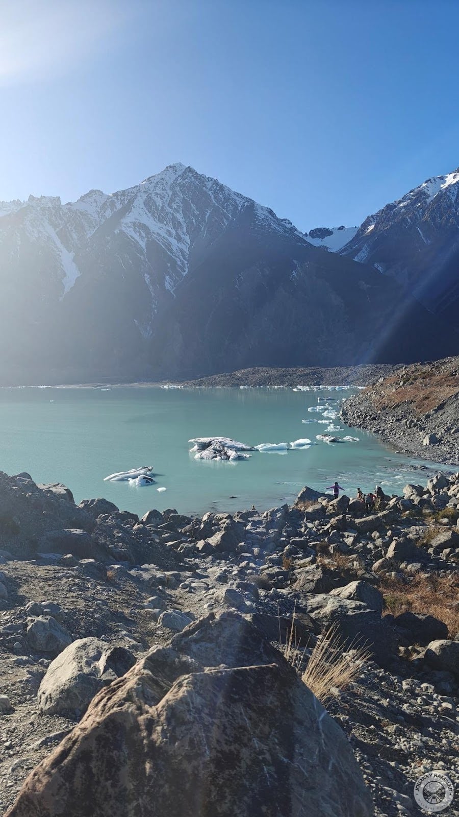 green water, the blue skies and the snowcapped peaks