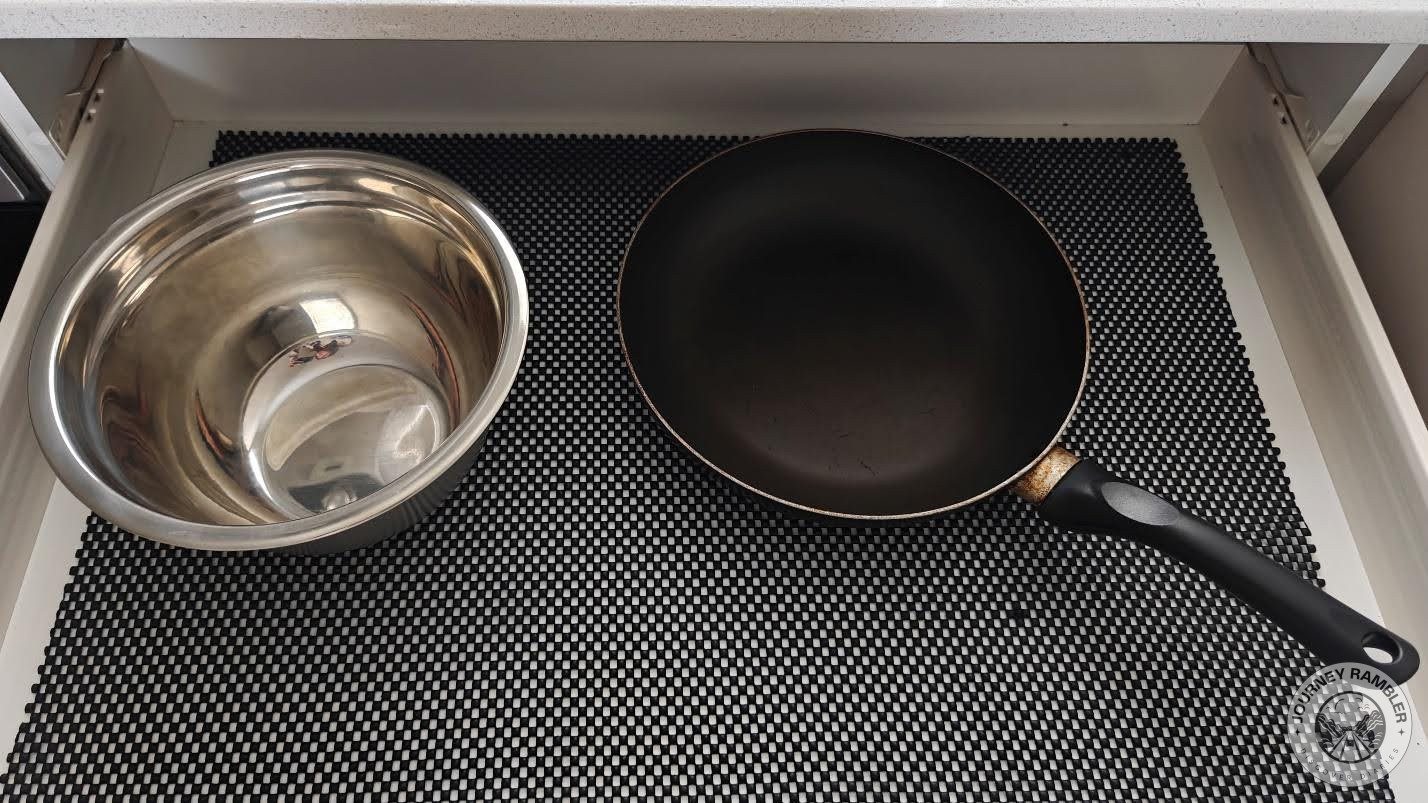 large mixing bowl and a non-stick frying pan
