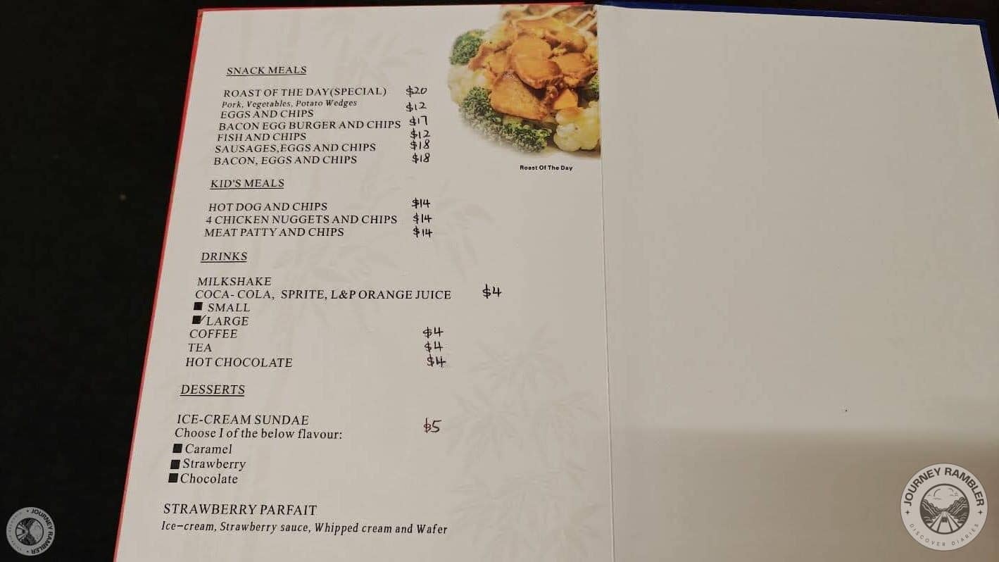 options for snacks like bacon egg and chips and hot dogs and desserts like ice cream sundae