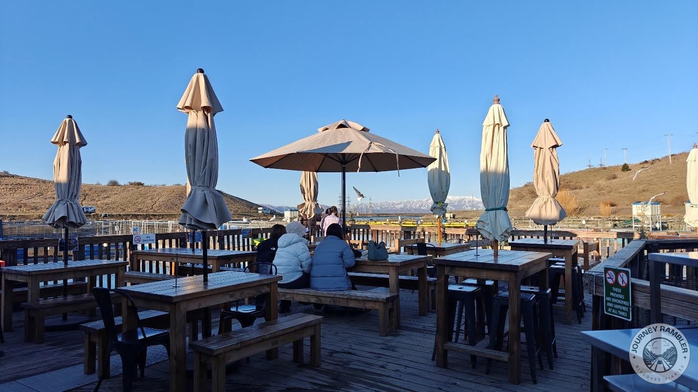 outdoor tables had umbrellas