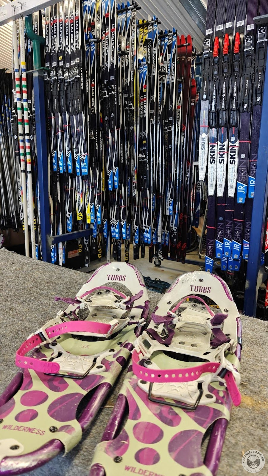 pair of snowshoes and skis