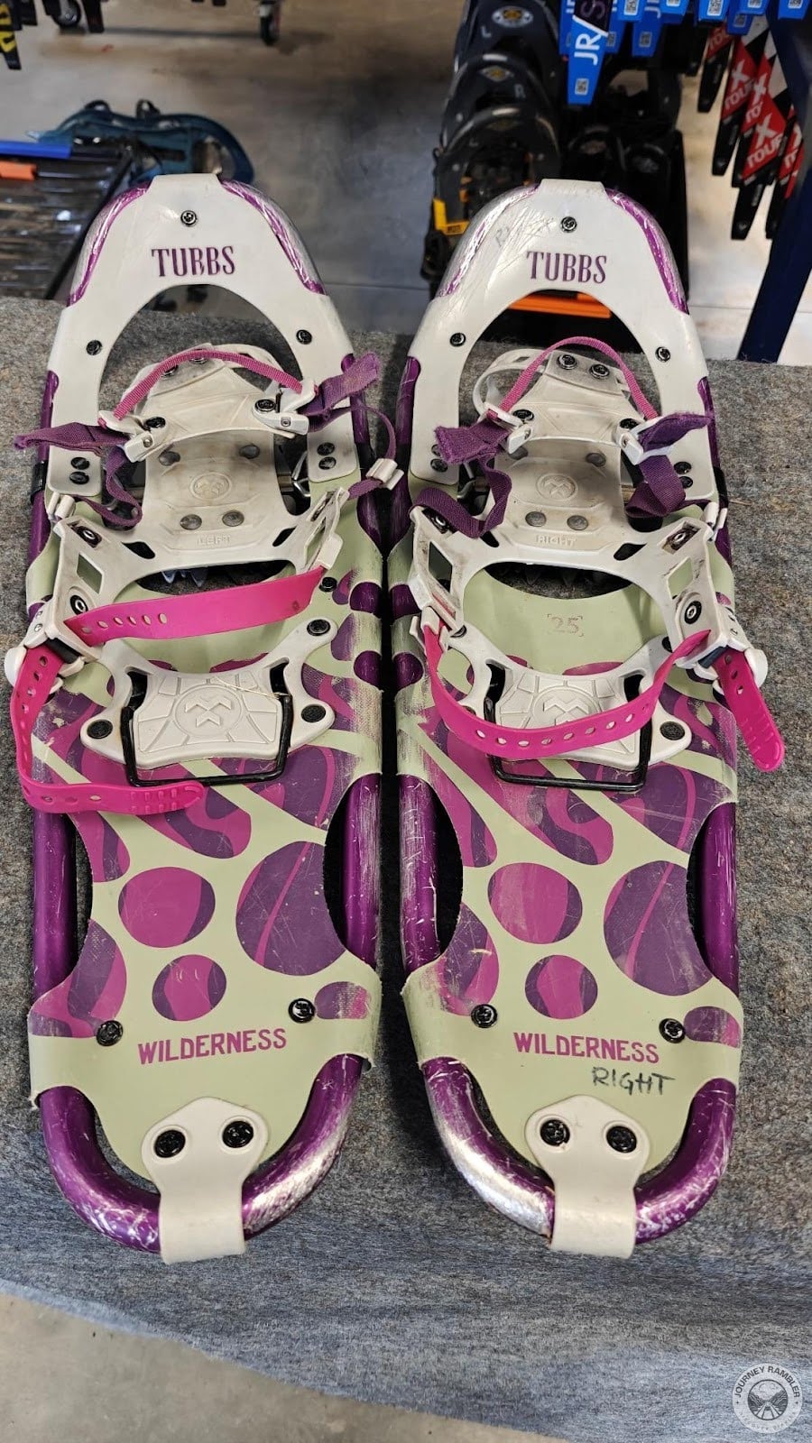 purple and white snowshoes