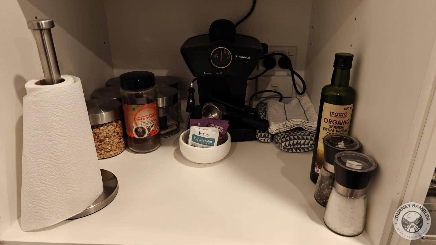salt, pepper, olive oil, coffee and paper towels