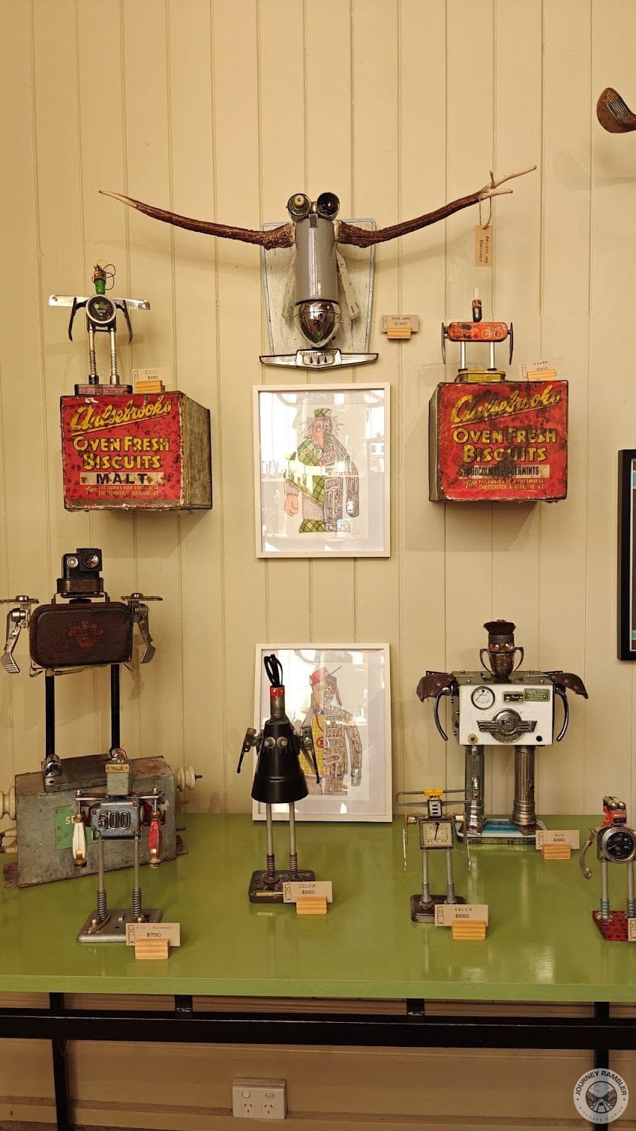 shelves that were used to display the robots had been made with scrap metal