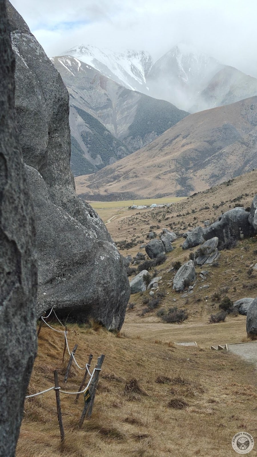 side of the stairs with the Southern Alps