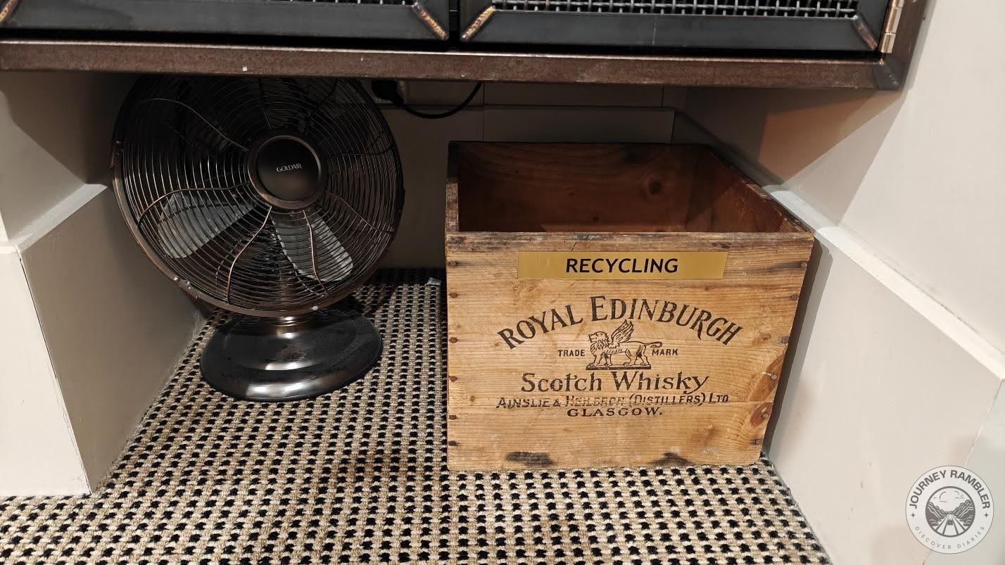 small table fan and old wooden whiskey case
