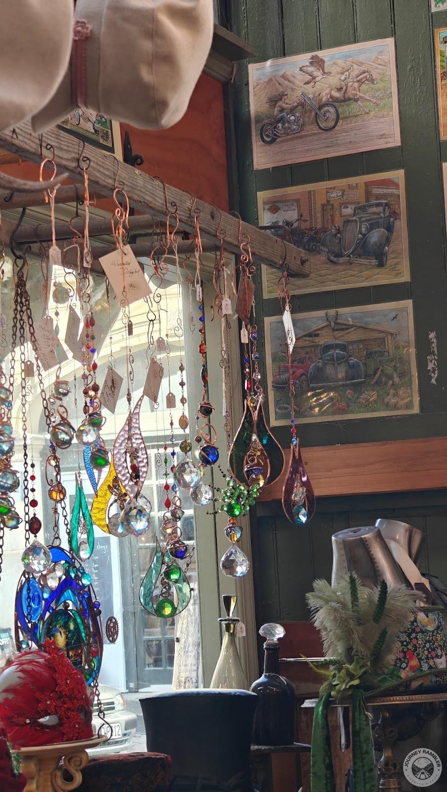 studio had hung some decorative pieces in front of a window