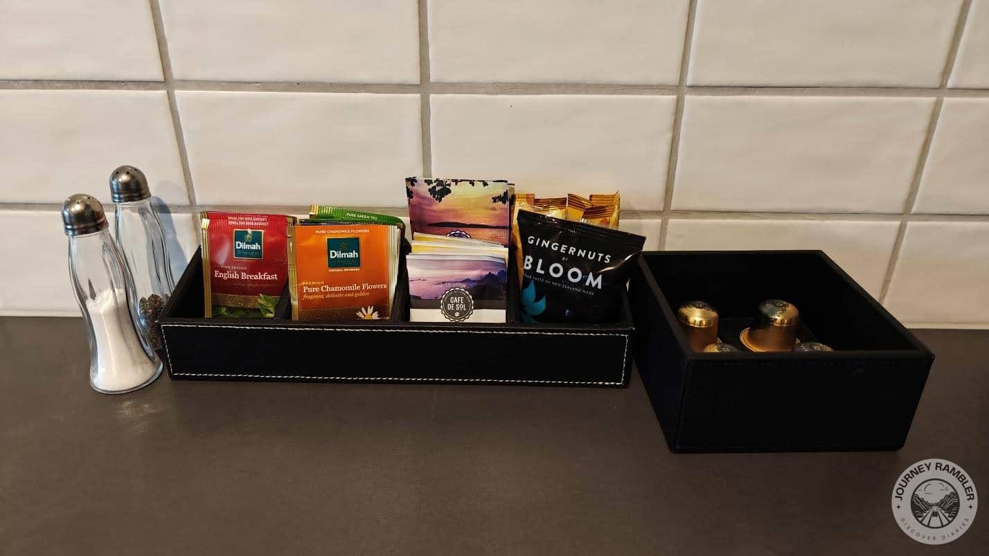 tea, coffee, cookies, salt and pepper