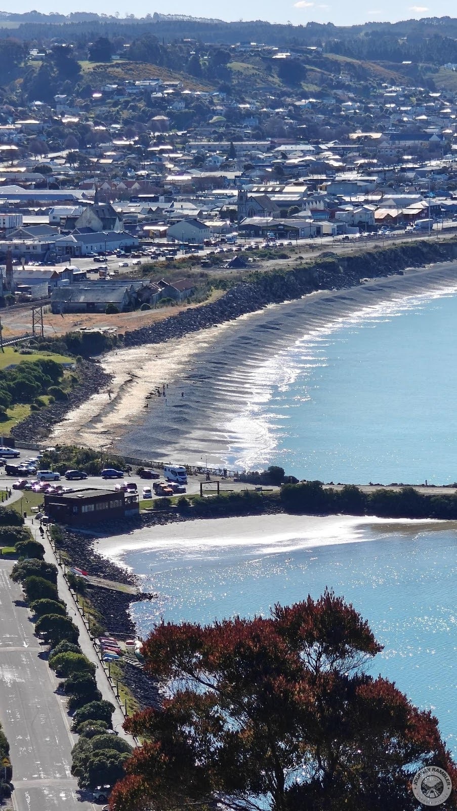 trees growing on the sides of the roads and all the cars that were parked in the parking lots