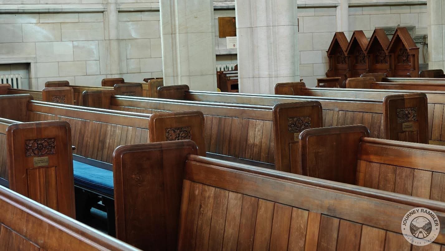 wooden pews were also arranged so neatly