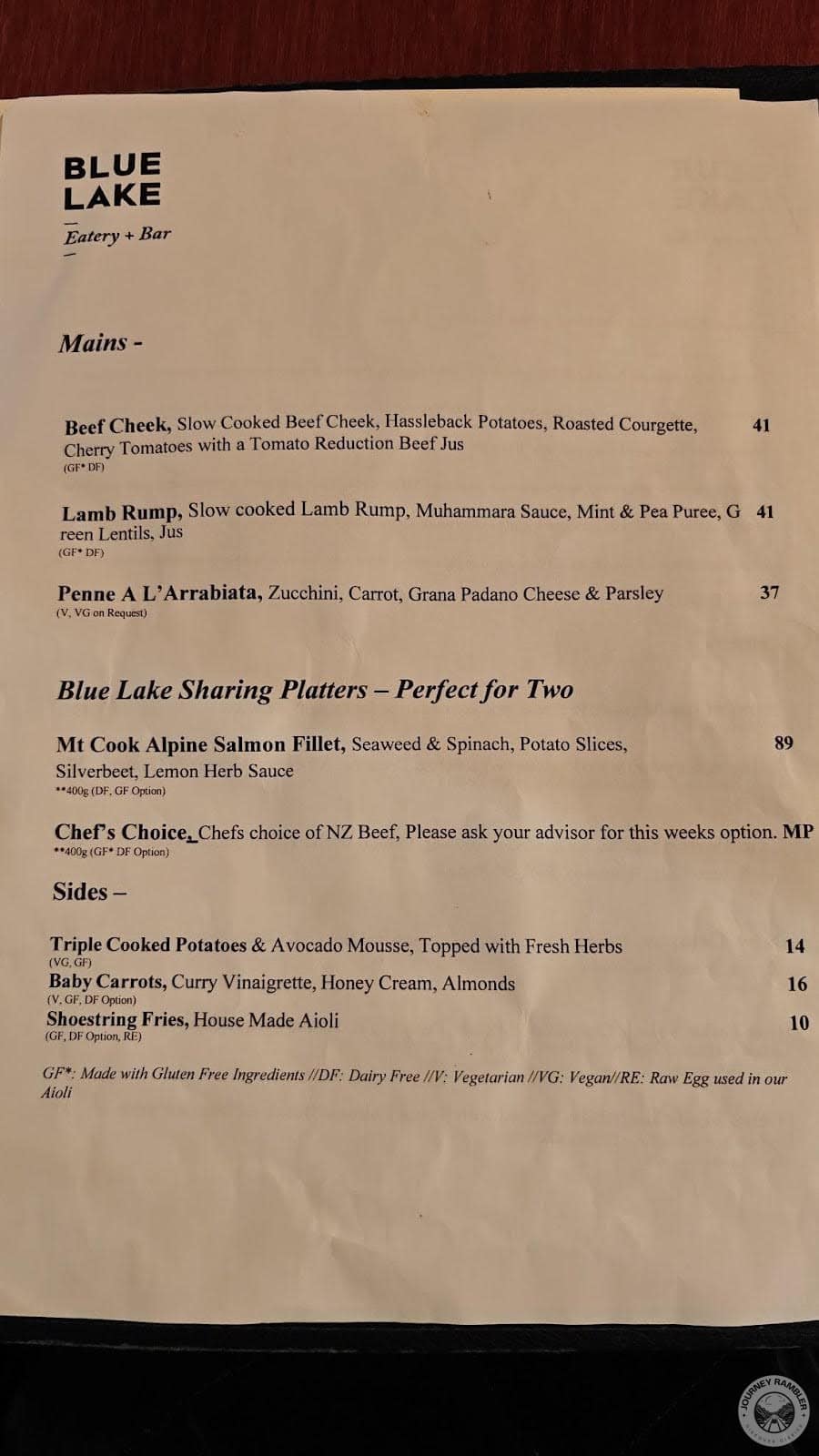 Blue Lake Eatery and Bar menu mains section