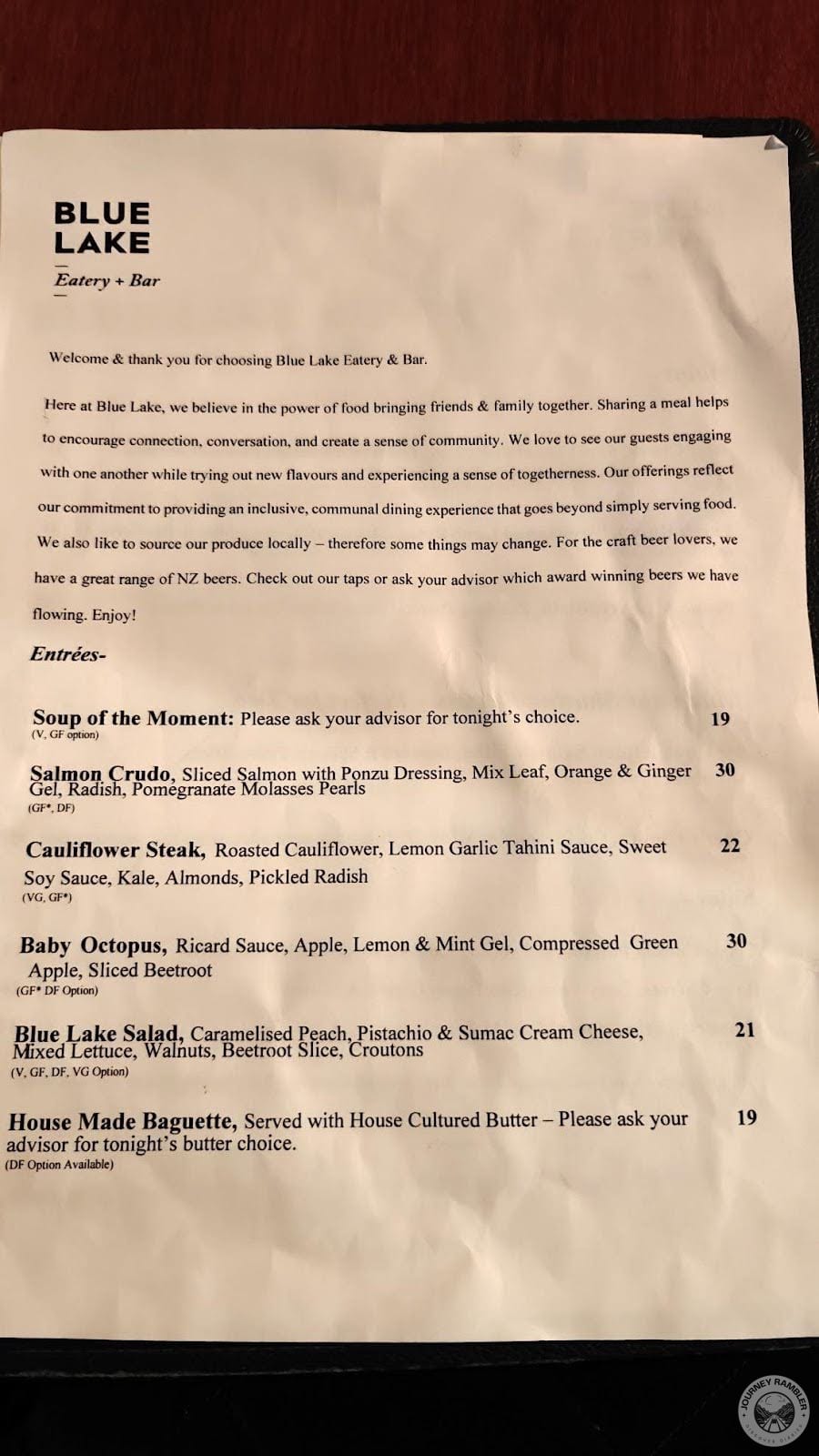 Blue Lake Eatery and Bar menu
