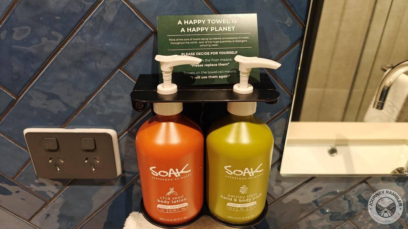 Bottles of hand and body wash and body lotion