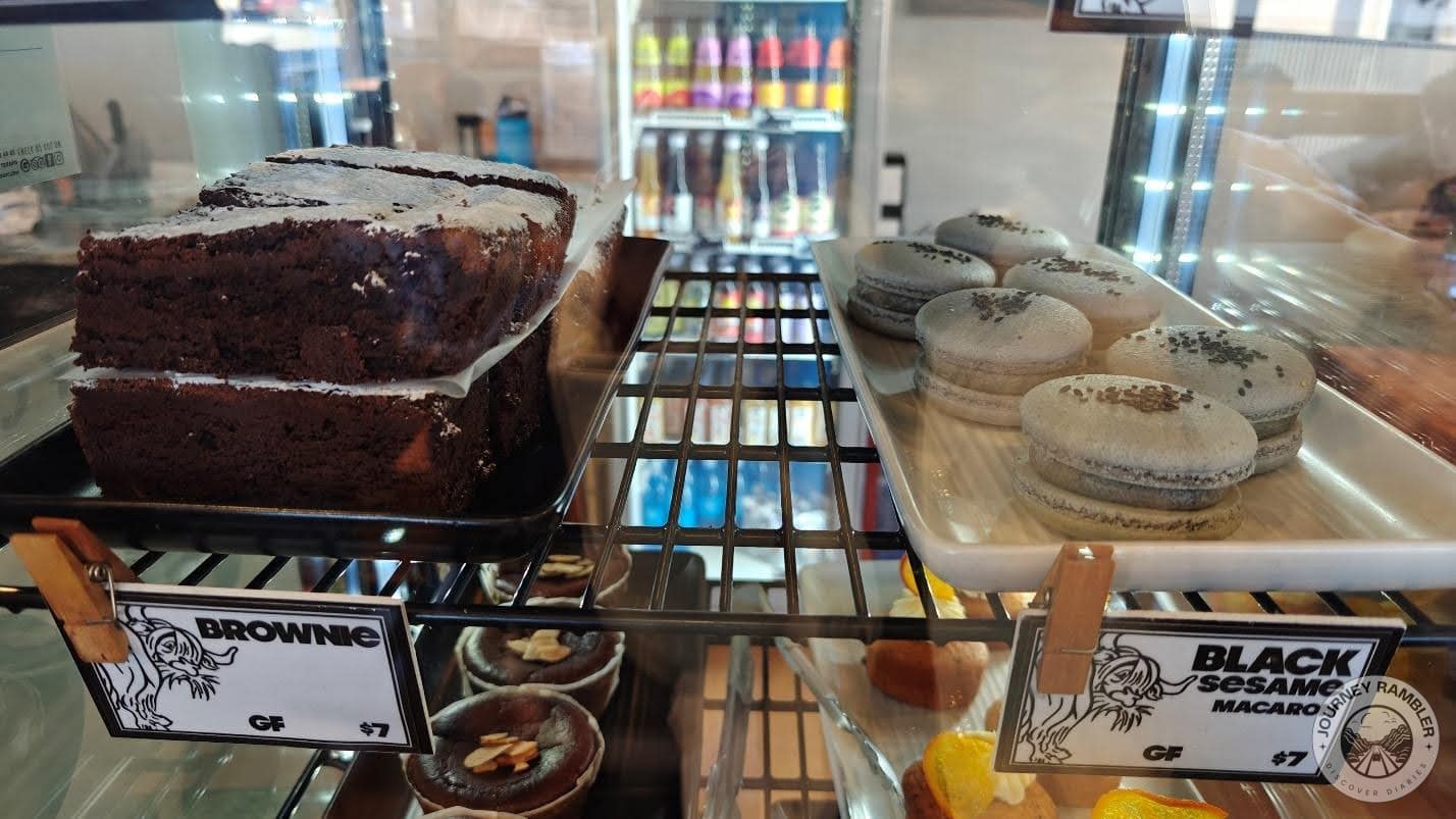 brownies and black sesame macarons