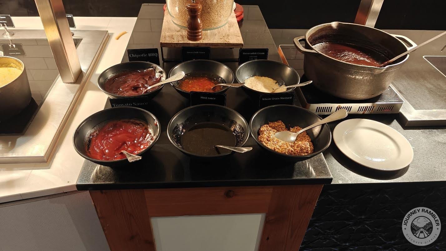 chipotle BBQ, mint sauce, mustard and tomato sauce