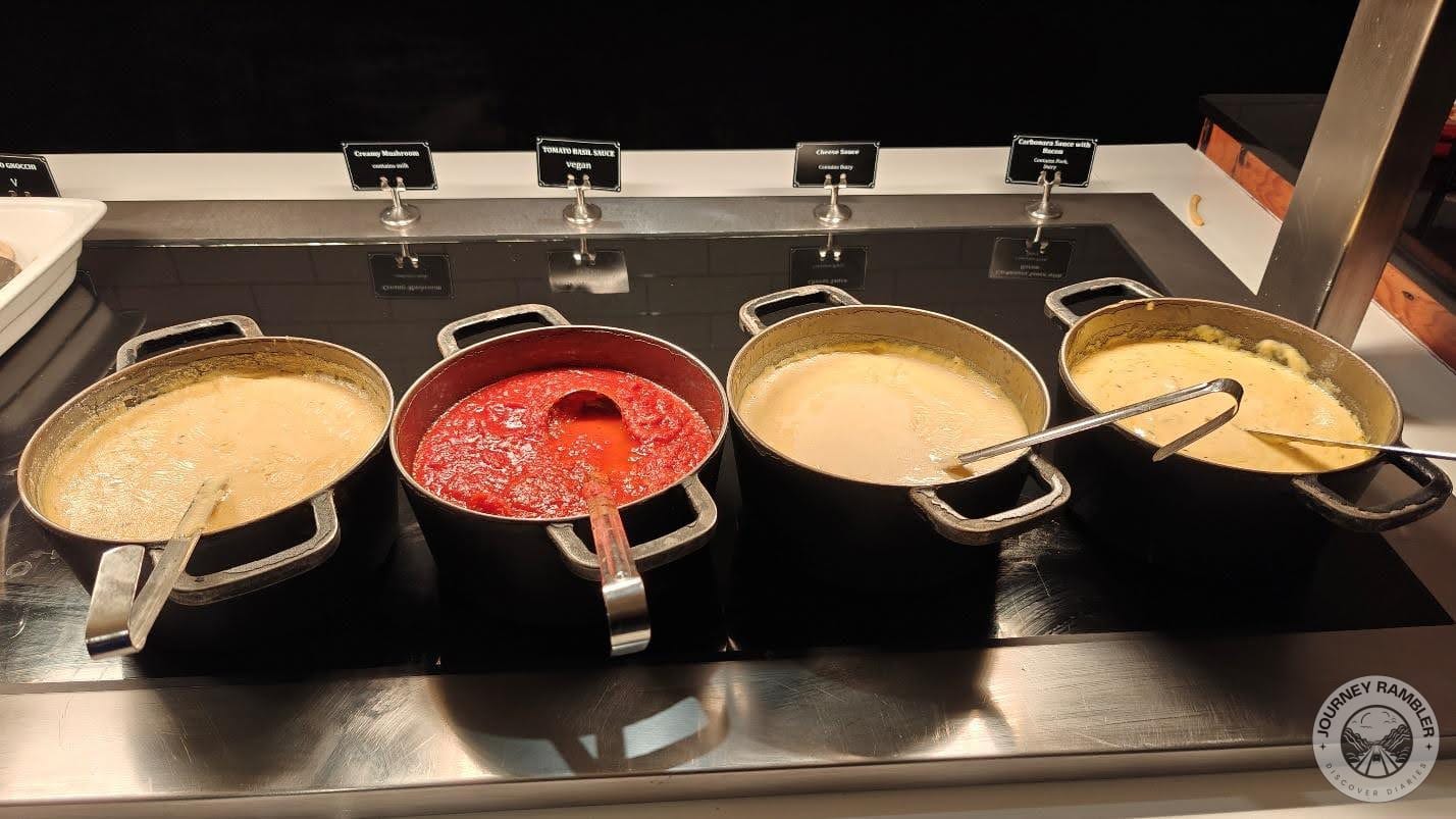 creamy mushroom sauce, tomato basil sauce, a cheese sauce and a carbonara sauce with bacon