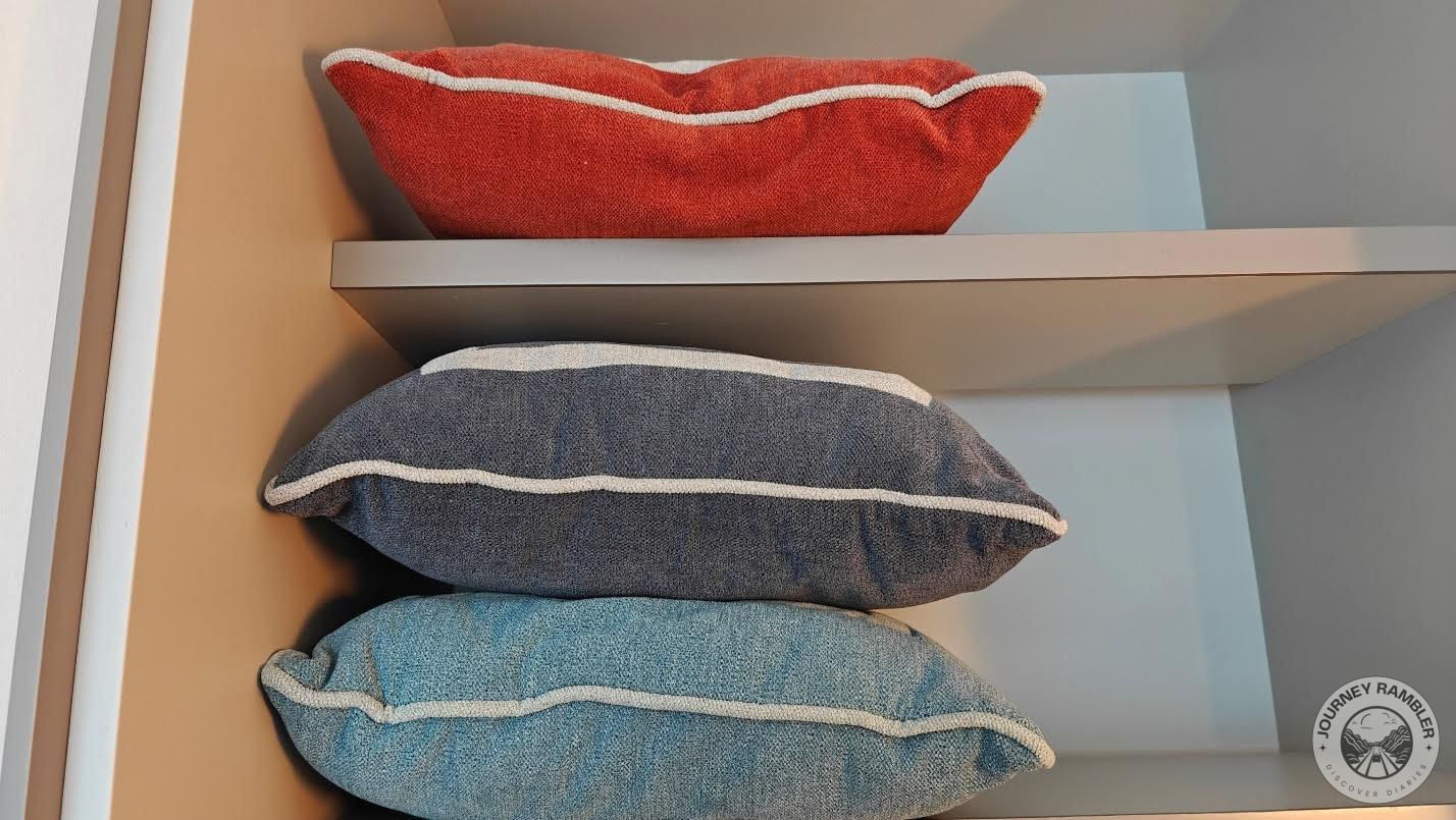 cushions were stacked on the shelves