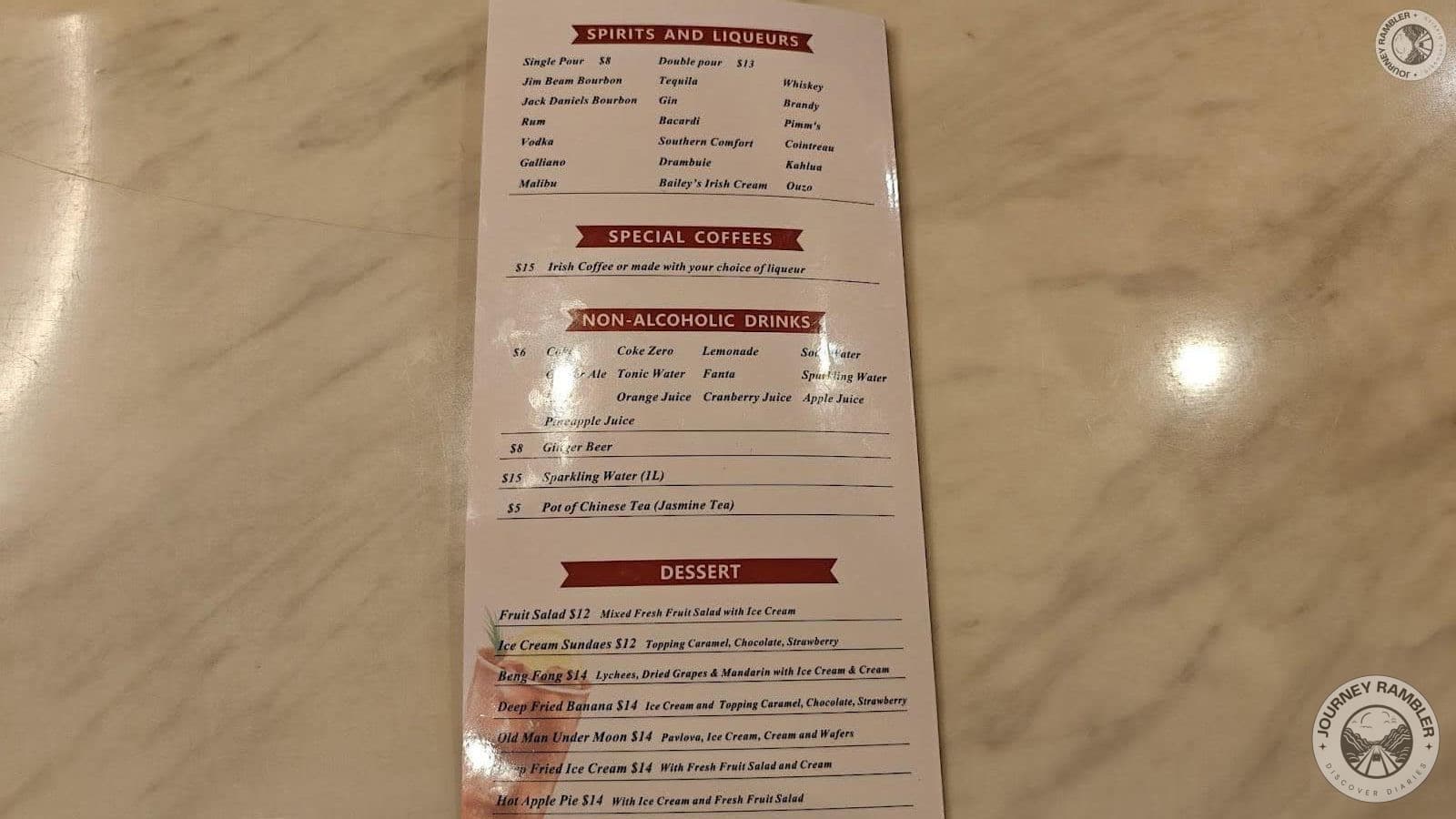 dessert menu and the non-alcoholic drinks